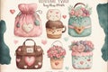 Create a set of vintage, charming, and kawaii watercolor clip art having a Valentine\'s Day theme.